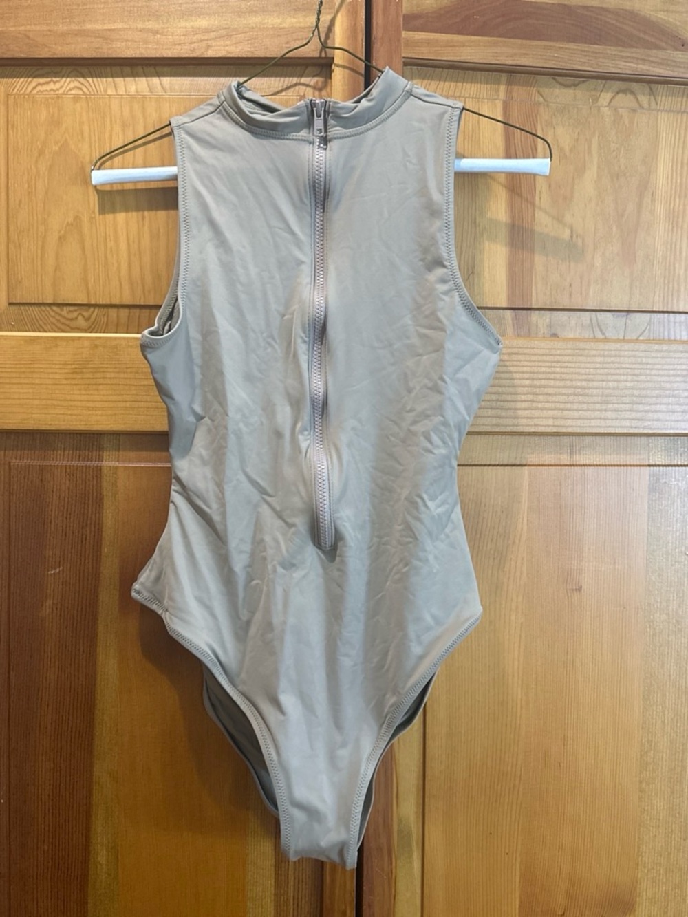 Skims Sleeveless Zipper-Front One-Piece Swimsuit in Light Taupe